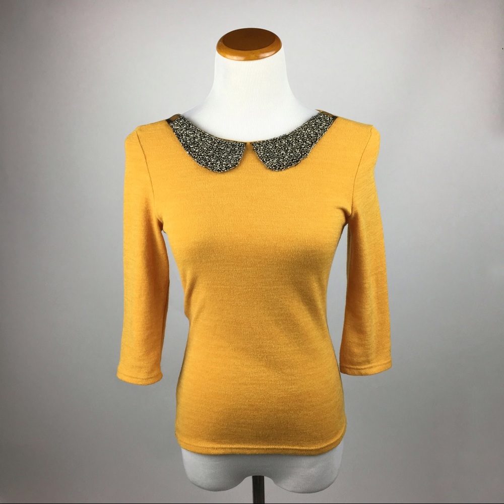 April Yellow Beaded Peter Pan Collar Top S
